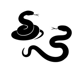 Two black snake silhouettes on a white background, one coiled and the other slithering. Minimalist and bold design concept for tattoos, logos, or symbols. Vector illustration