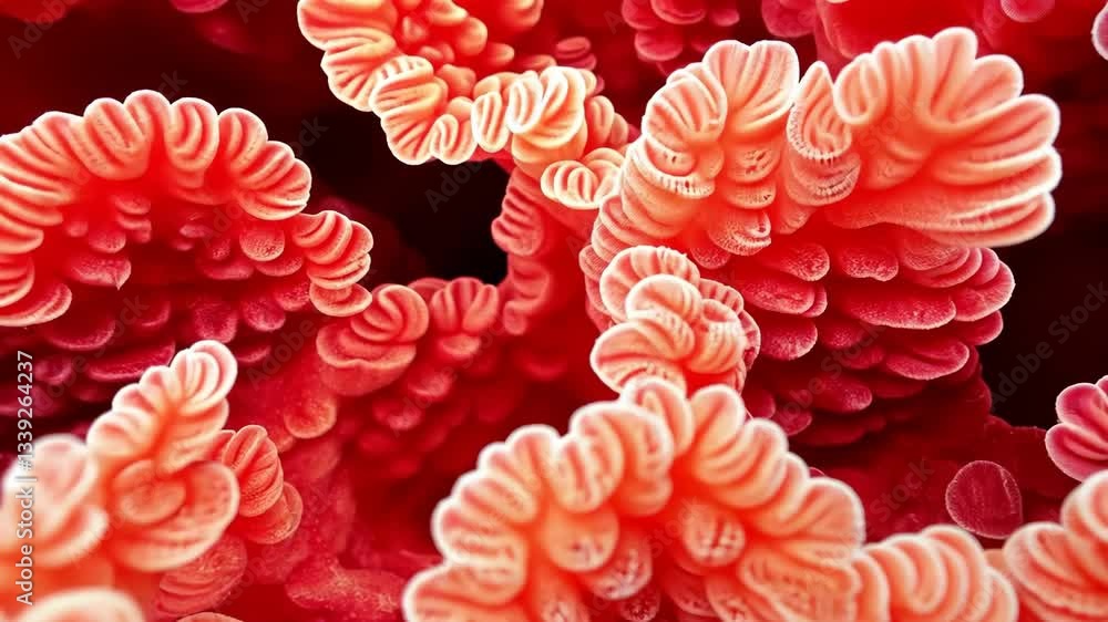 Poster intricate, coral-like structures in vibrant red hues, resembling organic formations or cellular stru