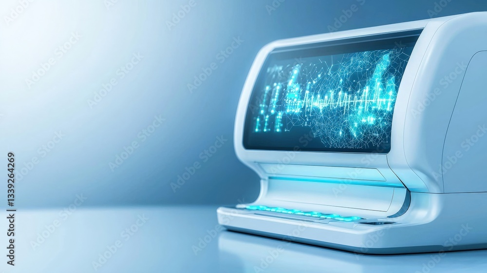 Poster futuristic computer design with digital display and blue accent light