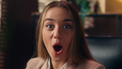 Close up shocked stunned Caucasian business woman female girl businesswoman office worker employer...