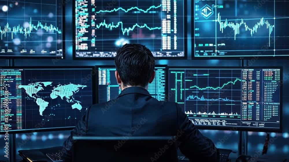 Poster man analyzing financial data on multiple screens with graphs and financial charts for stock market t
