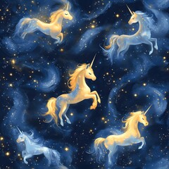 Five Golden And Blue Unicorns Leap Through A Starry Nebula
