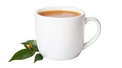 A white ceramic cup filled with warm tea beside fresh green tea leaves, isolated on a transparent background.