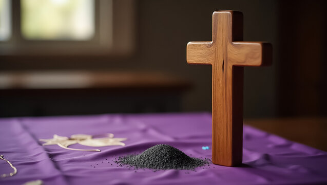 a cross on the table and a small pile of ashes