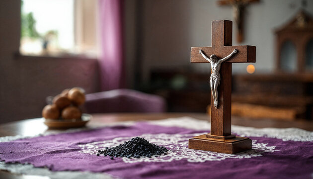 a cross on the table and a small pile of ashes