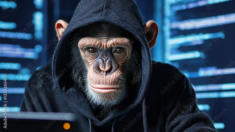 Poster thoughtful monkey in a black hoodie works on a laptop amid code and digital data in a futuristic tec