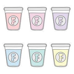 Six simple, outlined cups in pastel colors, each featuring a bold 