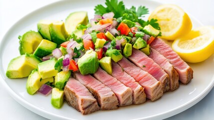 A vibrant plate of seared tuna topped with fresh salsa and accompanied by avocado and lemon slices.