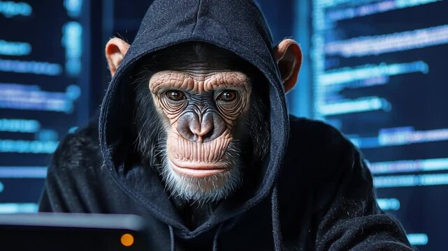 Thoughtful monkey in a black hoodie works on a laptop amid code and digital data in a futuristic tech environment with glowing screens