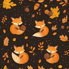 Orange Foxes and Autumn Leaves Seamless Pattern on Dark Background