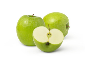 Group of ripe green apples and apple half isolated
