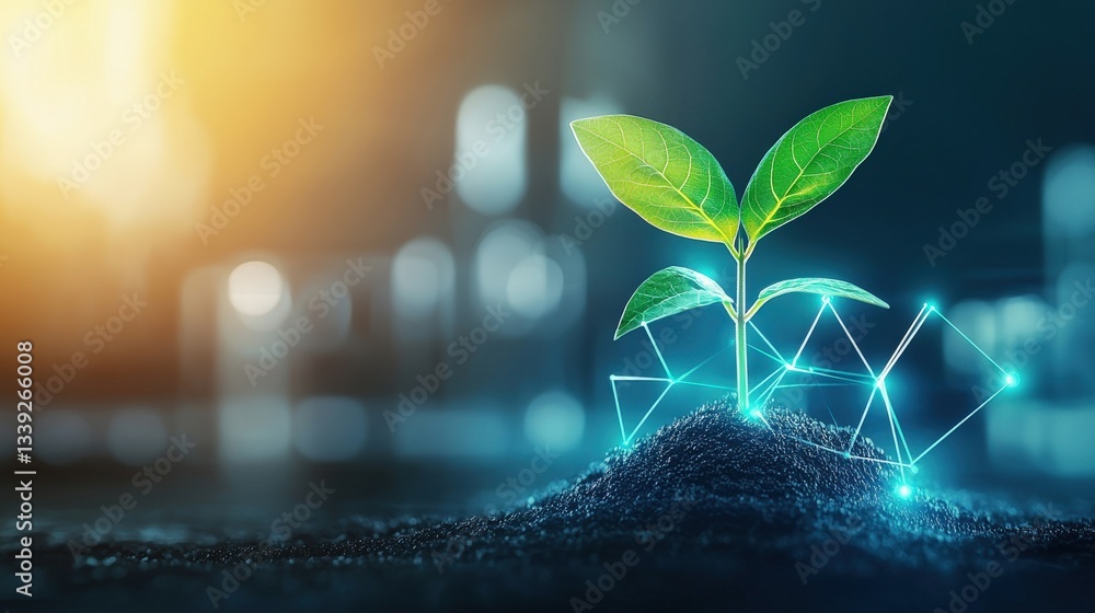 Poster Digital Growth Concept with Seedling and Data Visualization Elements