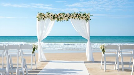 Fototapeta premium A serene beach wedding setup featuring an ornate arch adorned with flowers, white drapes, and empty chairs facing the ocean under a clear blue sky.