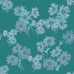 Digital seamless pattern with light daisy motif on a green background