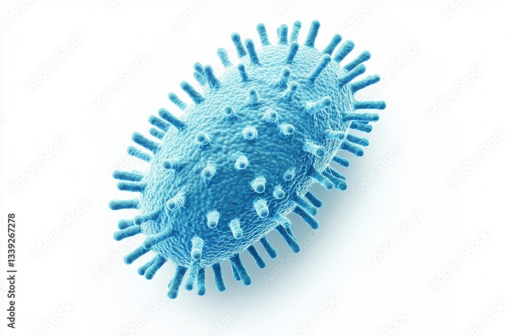 Poster microscopic view of a virus with protruding structures on a blue background in a scientific study se