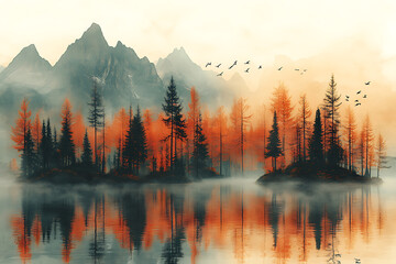 Abstract digital collage featuring nature elements like trees, birds, water, and mountains seamlessly blending into a harmonious visual. 