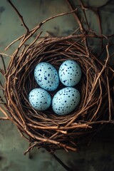 Obraz premium Nest of speckled blue eggs rests quietly in a woven twig structure, showcasing nature's intricate design and beauty during early spring
