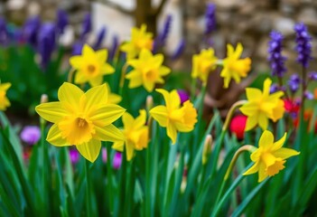Fototapeta premium Vibrant yellow daffodils blooming in a spring garden, macro, garden flowers