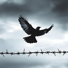 Fototapeta premium A bird flying over barbed wire is a symbol of freedom, Holocaust, Remembrance Day