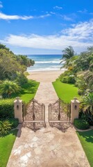 Fototapeta premium Ornate gates open to beach pathway.