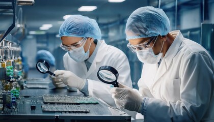 Technicians meticulously examine intricate components under magnification in a high-tech workspace.