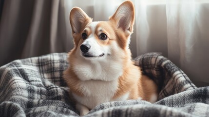 Adorable Pembroke Corgi Dog Sitting on a Cozy Blanket Indoors