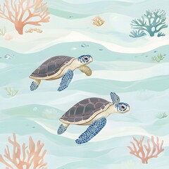 Two Sea Turtles Swimming in Turquoise Water with Coral Reefs