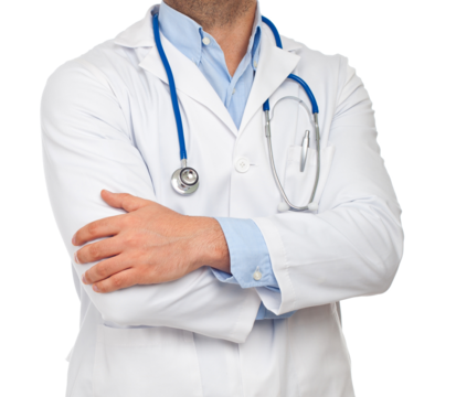 Doctor wearing stethoscope and lab coat crossing arms on transparent background