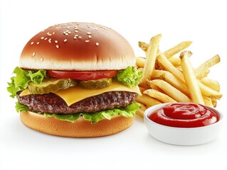 Delicious cheeseburger with fries and ketchup ready to enjoy