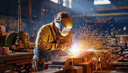A skilled worker meticulously welds metal components, creating sparks amidst the machinery.