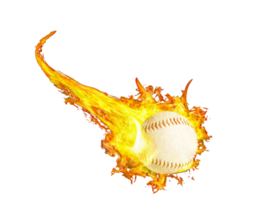 Flaming baseball speeding through the air with transparent background