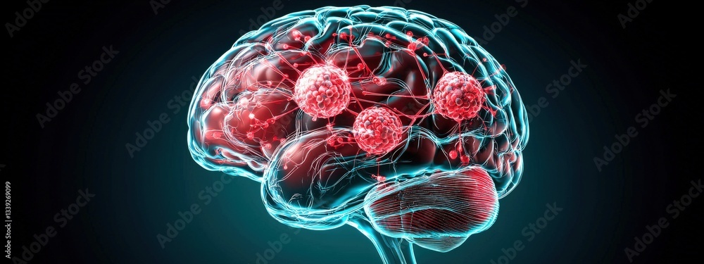 Poster brain model with glowing neurons and colorful neural activity