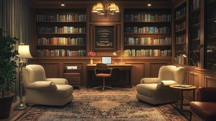 Cozy and Elegant Home Office with Bookshelves and Modern Furniture