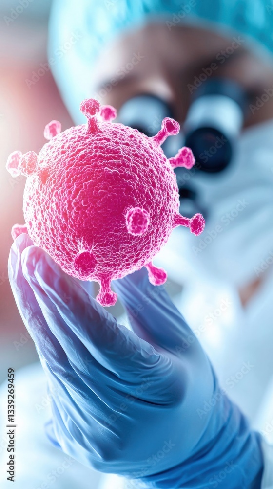 Poster scientist holding pink virus model with microscope in lab setting