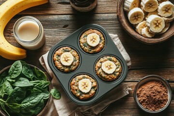 Banana spinach muffins prepared on a rustic wooden table with fresh ingredients and spices in natural light