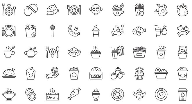 A Delightful Collection Of Minimalist Food Icons Depicting A Diverse Culinary Journey, Showcasing Simple Line Art With Elegant Details