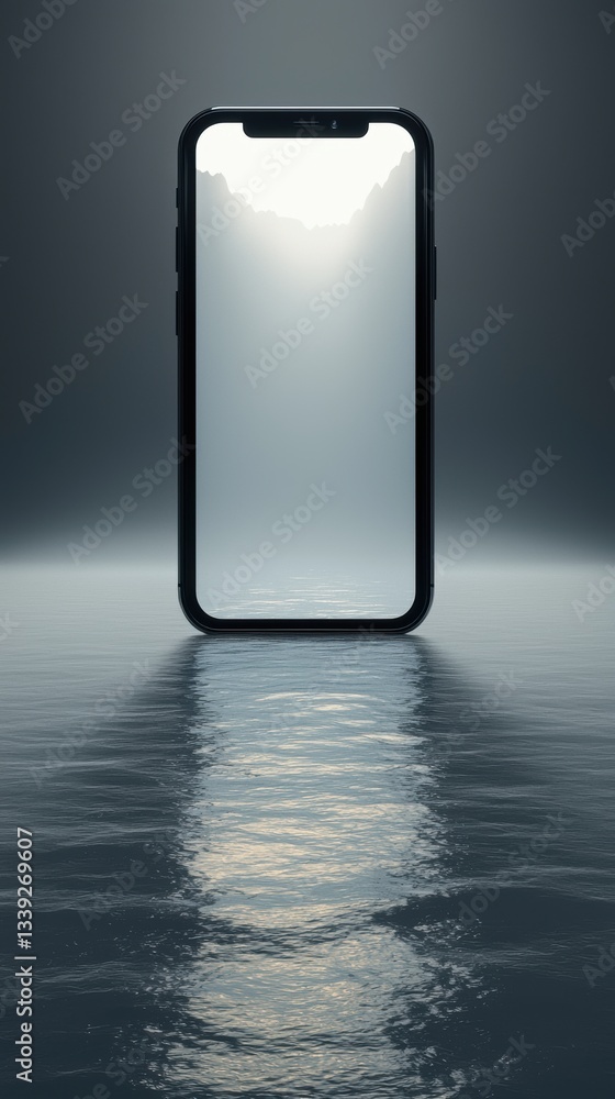 Aufkleber conceptual display of a smartphone reflecting light on calm water in an atmospheric environment