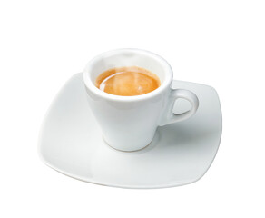 Steaming italian espresso coffee cup on white saucer with transparent background