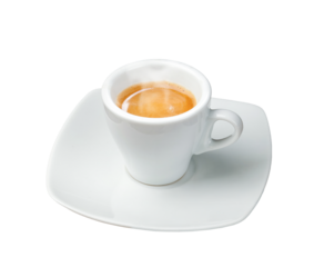 Steaming italian espresso coffee cup on white saucer with transparent background