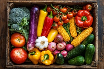 On a wooden table, a flat lay of diverse fresh vegetables is set up, allowing for text to be added