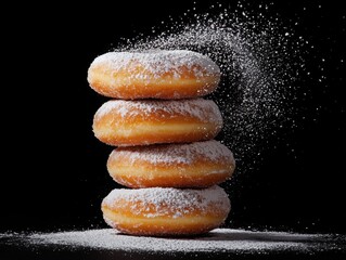 Freshly stacked donuts with powdered sugar on a black background