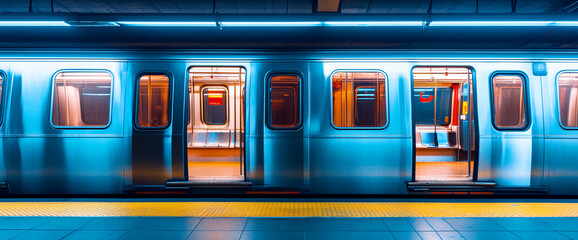 Obraz premium Blue subway car at a station, doors open, showing interior lights and seats, conveying a sense of urban transportation and journey, ideal for travel or city themes