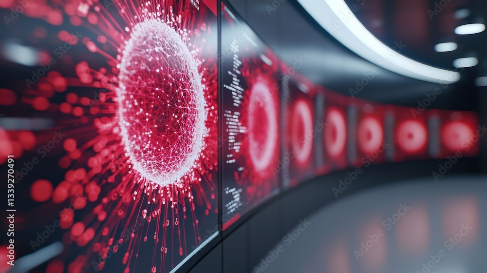 Poster red abstract visualization of digital network and connections