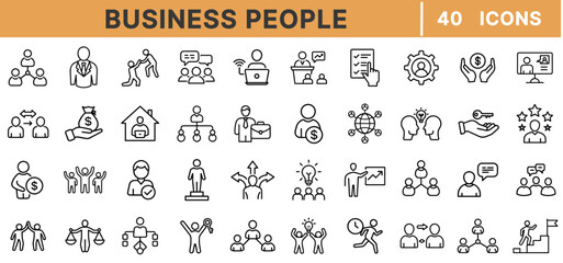 "Business People Icons – Teamwork, Leadership, Corporate Communication, Professional Collaboration, Employee Management, Business Strategy, Meeting & Networking, Vector Set"