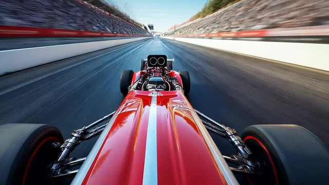Intense high-speed POV shot of a vintage drag racer tearing down the track with motion blur
