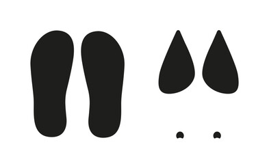 Black silhouettes of human footprints and an abstract animal face create an optical illusion. The minimalist design on a white background plays with perspective. Vector illustration