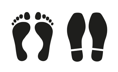 Black silhouettes of human barefoot footprints and shoe sole prints on a white background. Simple flat vector illustration representing walking, steps, and movement