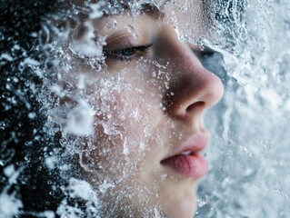 A woman's face is partially covered by flowing water in a dynamic and intimate portrait of beauty and freshness.