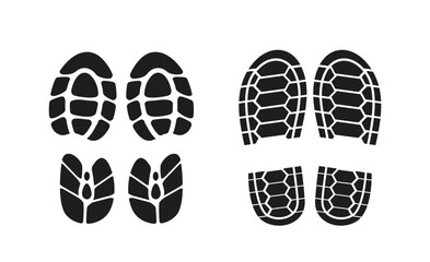 Set of black shoe and boot print icons in different tread patterns, displayed in a flat style on a white background. Concept of footwear, hiking, outdoor, and adventure. Vector illustration