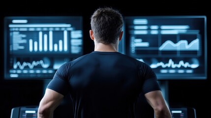 Man Observing Data Analytics on Modern Digital Screens in Gym